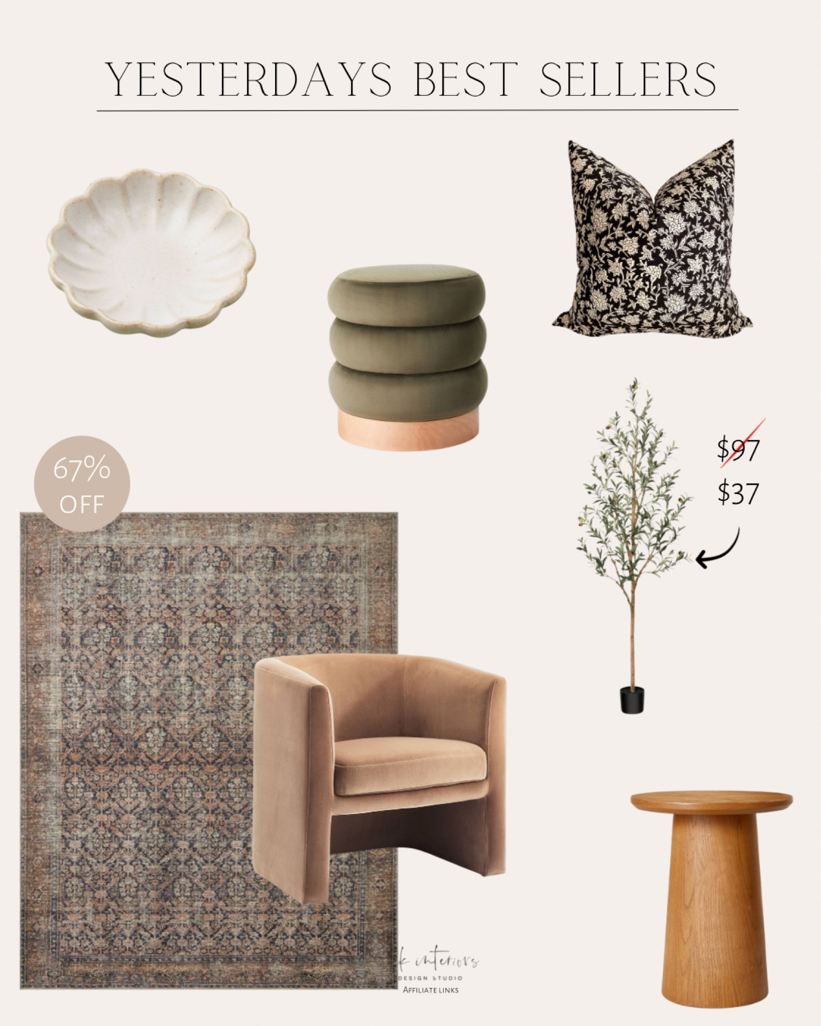 Yesterday best sellers 
Billie oriental Ink/ salmon area rug / Vernon accent chair / tufted ottoman/ black floral clock print pillow cover / fluted ceramic trinket dish / faux olive tree / wood accent side table 

#LTKhome #LTKU #LTKsalealert