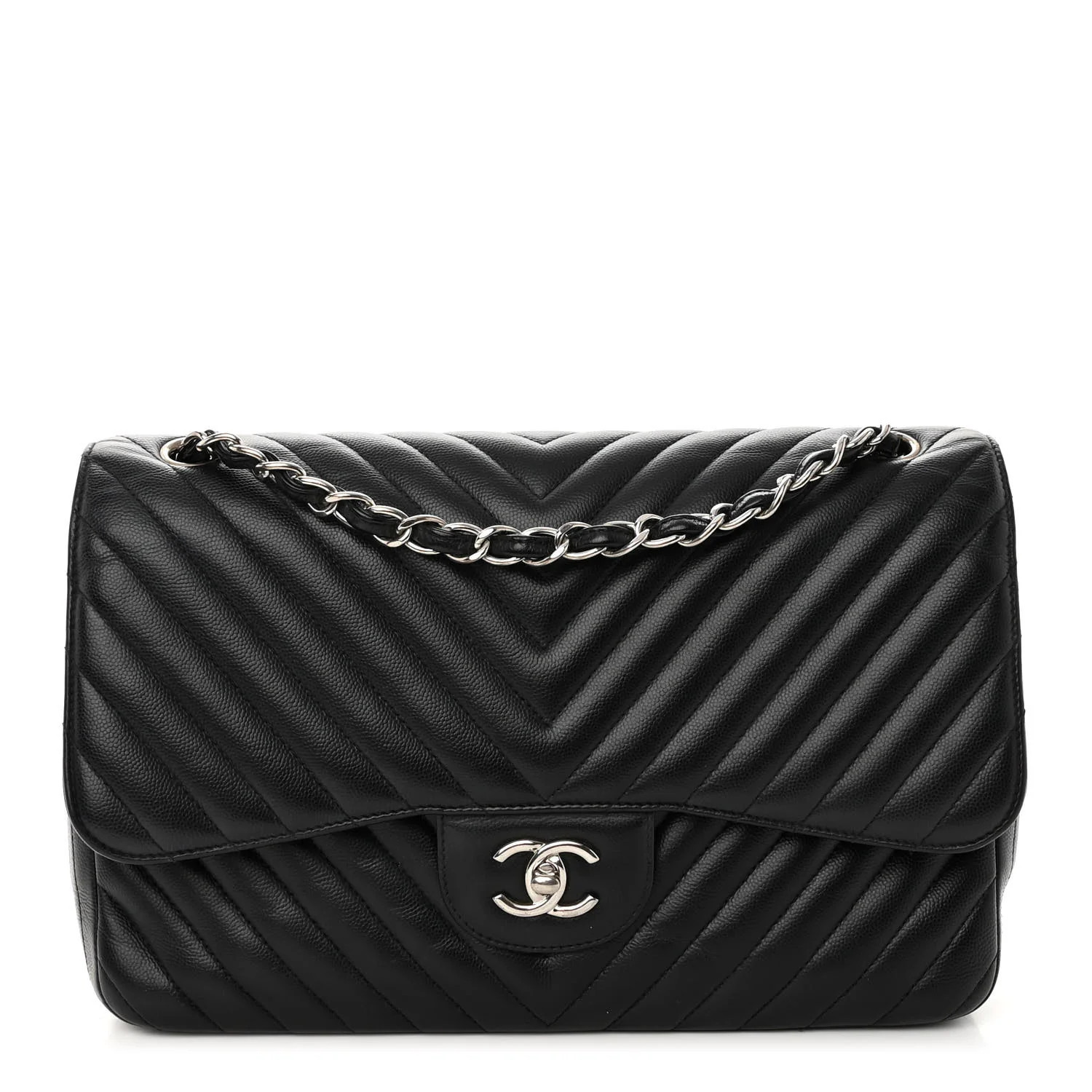 Iridescent Caviar Chevron Quilted Jumbo Double Flap Black | FASHIONPHILE (US)