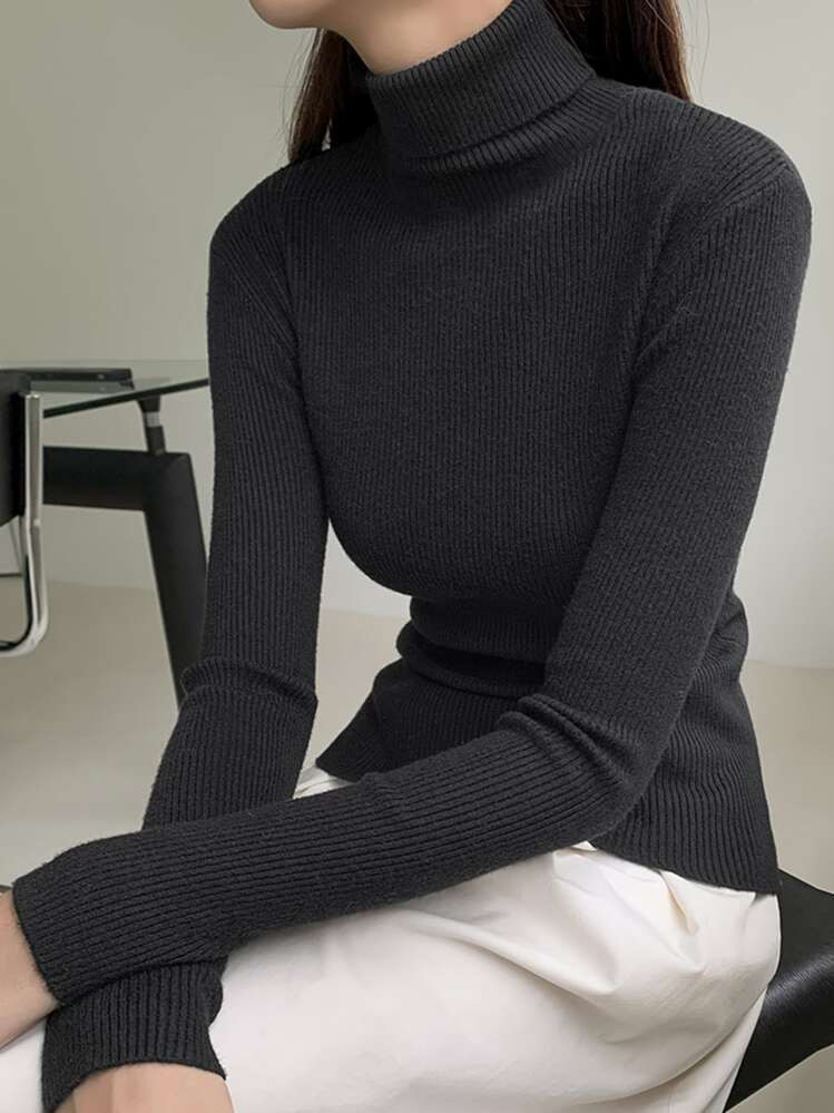 DAZY Suéter De Gola Alta De Cor Sólida, Uso Casual E Empresarial, Outono/Inverno, Blusas De Manga Longa, Roupas Femininas De Outono | SHEIN