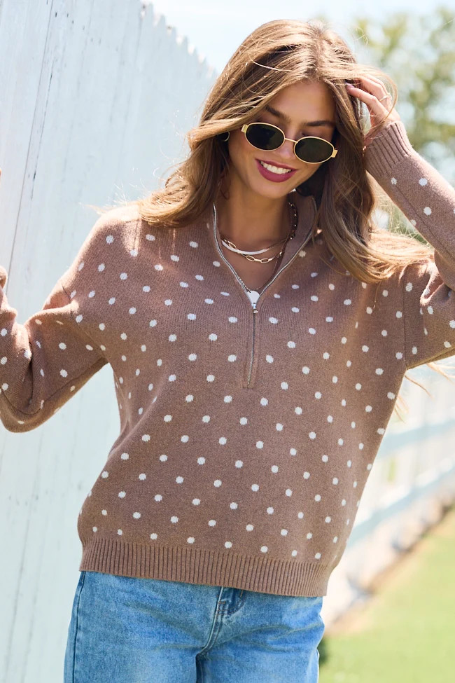 Make It Count Polka Dot Quarter Zip Pullover Brown | Pink Lily