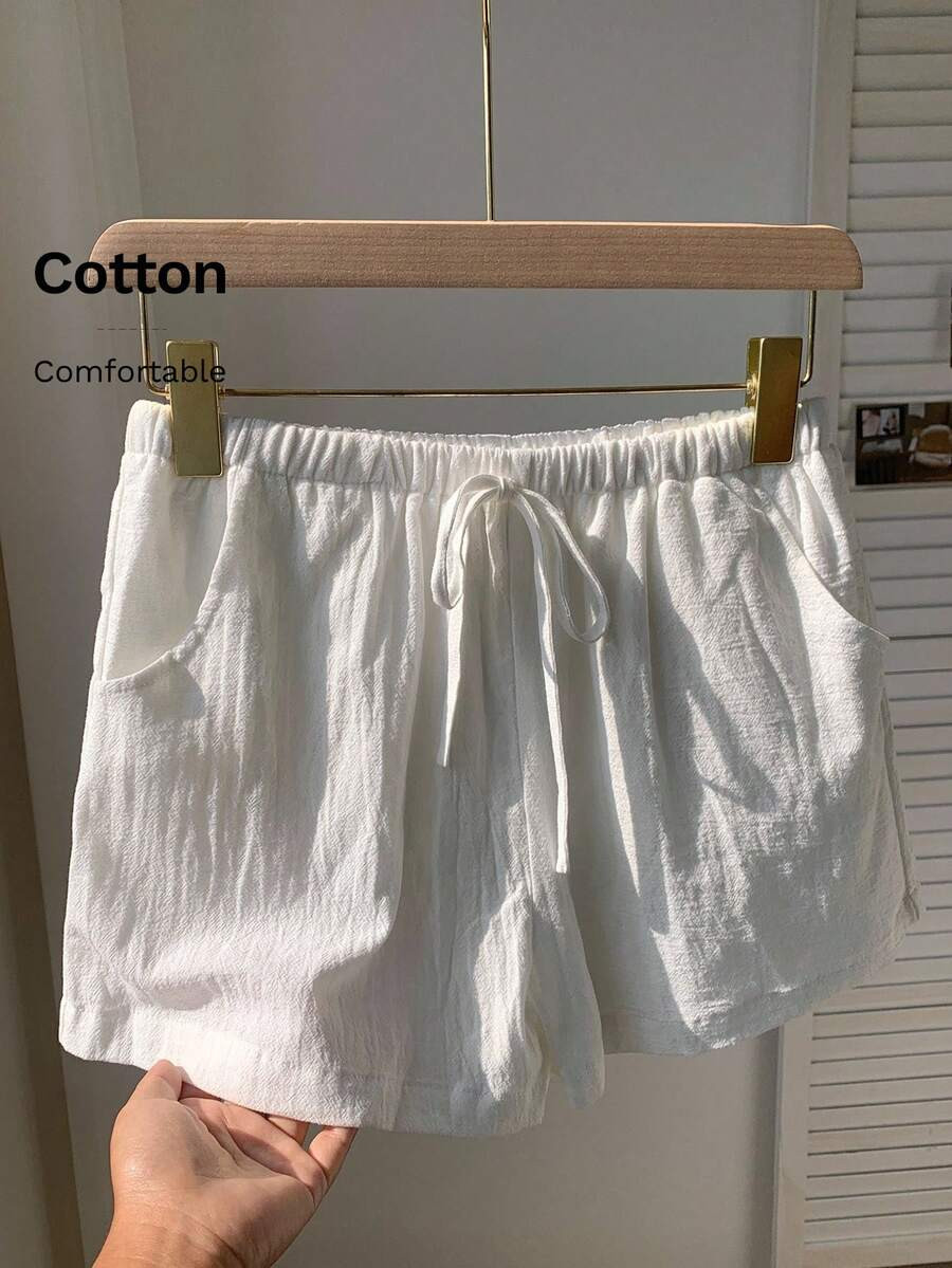 Comfortcana Women's Solid Color Waist Tie Pocket Wide Leg Loose Casual Shorts | SHEIN