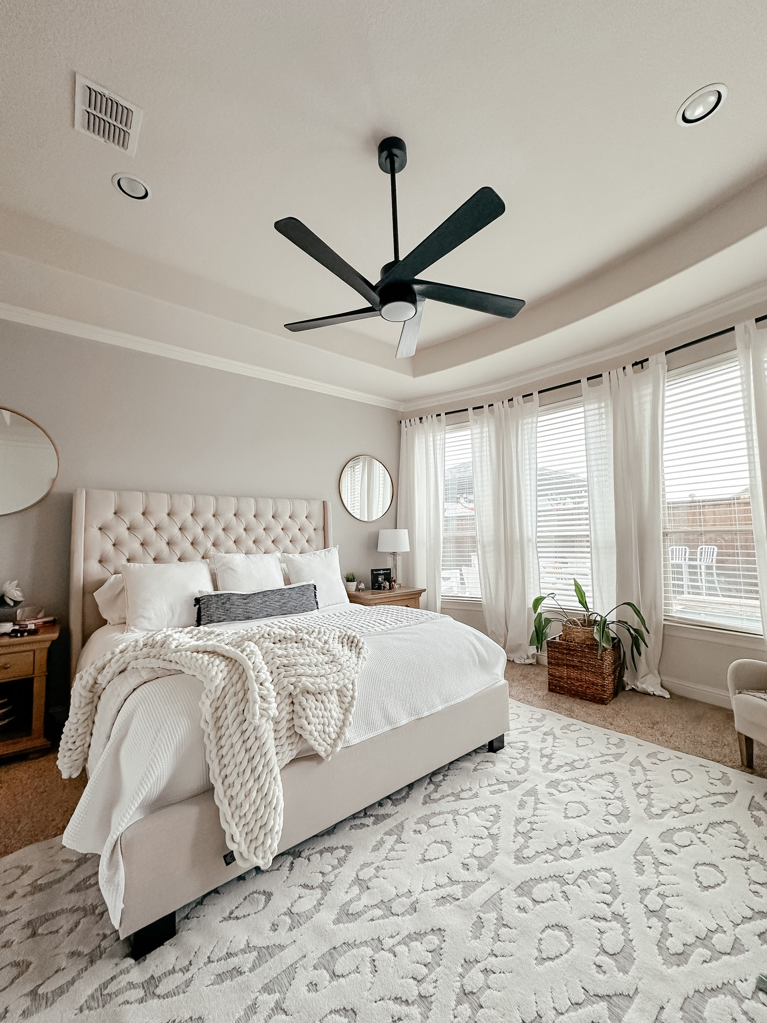 Primary bedroom update! Bedroom  furniture. Bedding. Master bedroom. Bedroom rug. Ceiling fan. Nightstands  

#LTKfindsunder100 #LTKhome #LTKsalealert