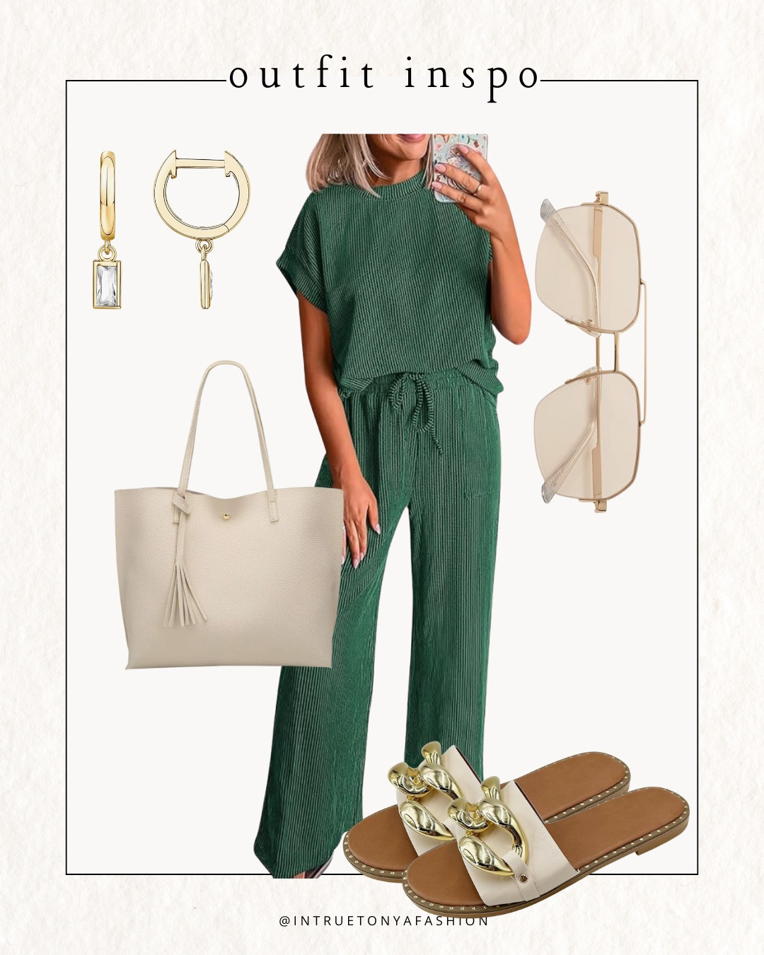 Amazon outfit idea — 2 piece matching set, sandals, tote bag, sunglasses and gold earrings






Spring outfit
Vacation outfit
Travel outfit 
Amazon fashion 


#LTKootd #LTKFindsUnder50 #LTKTravel