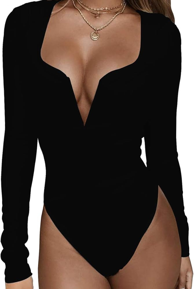 HERMOCO Women's Low Cut Bodysuit Sexy Leotards Deep V Neck Long Sleeve Body Suits Tops | Amazon (US)