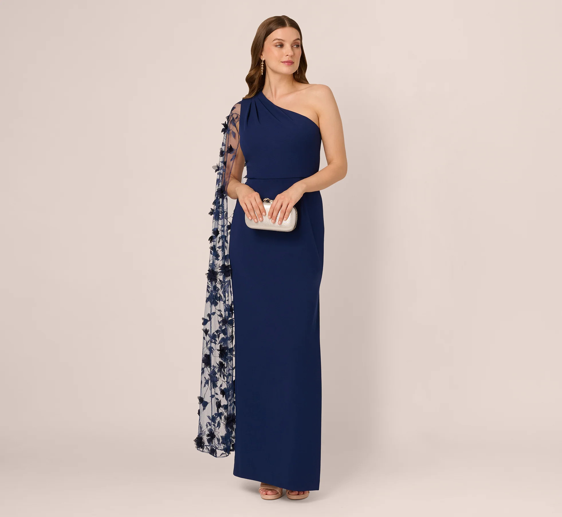 One Shoulder Floral Cape Sleeve Dress In Navy Sateen | Adrianna Papell