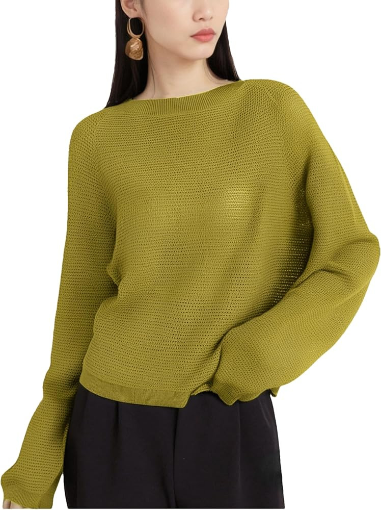 Women's Crochet Top Long Sleeve Hollow Out Knit Shirt Lightweight Loose Fit Crew Neck Blouse Beac... | Amazon (US)