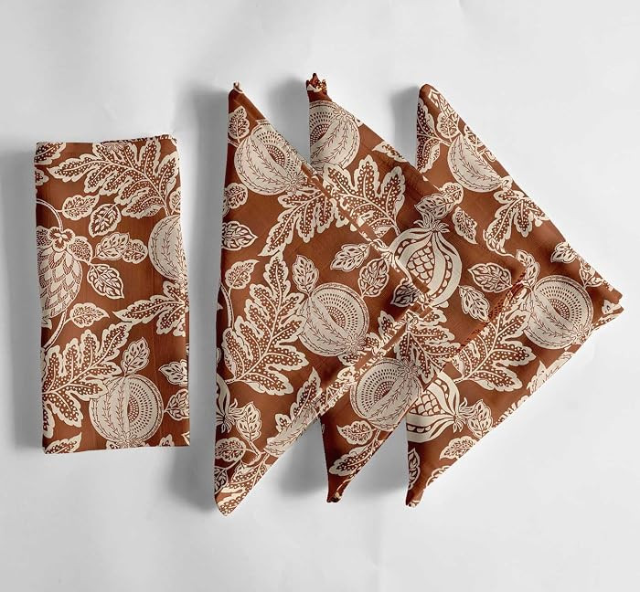Elegant Pomegranate Foliage Print on Brown Cotton Muslin Napkins - Set of 12, 20x20 Inches, Luxur... | Amazon (US)