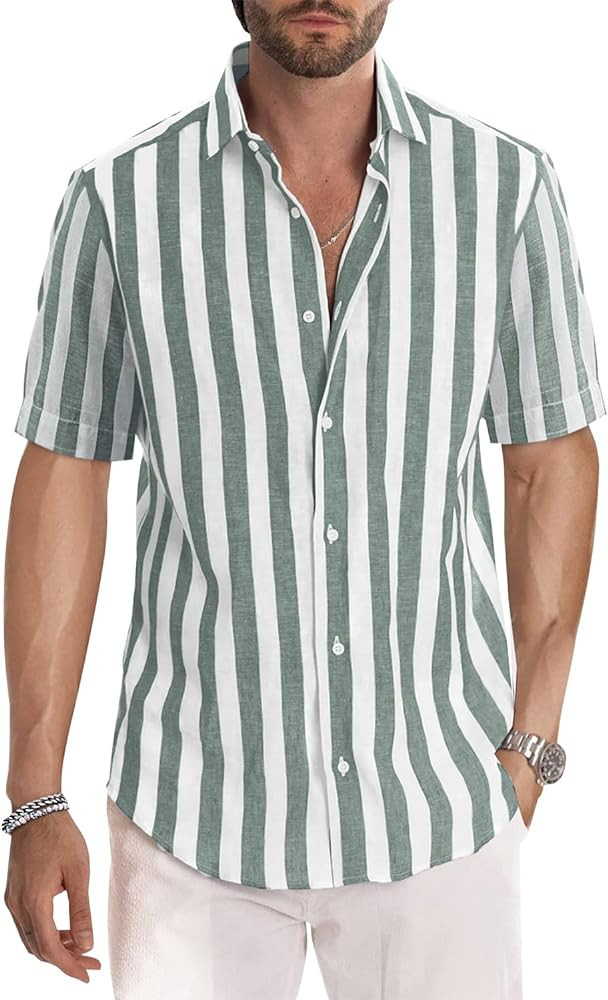 JMIERR Men's Casual Stylish Short Sleeve Button-Up Striped Dress Shirts Cotton Beach Shirt | Amazon (US)