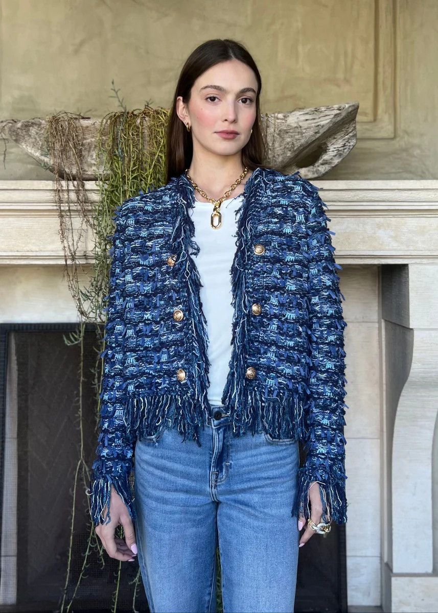 Khloe Open Front Fringe Jacket - Blue | Benaar La