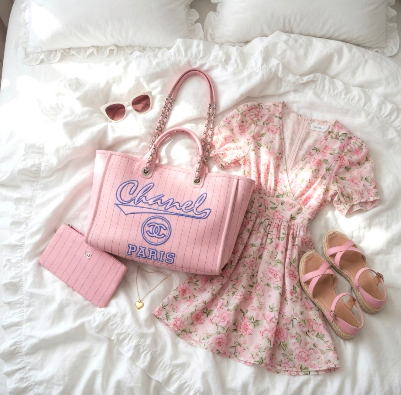 CHANEL Pre-Owned
Large Canvas Pinstriped Deauville tote bag, from farfetch paired with a super cute floral summer dress and pink sandals. If your looking for luxury  preowned merchandise @farfetch has you covered!