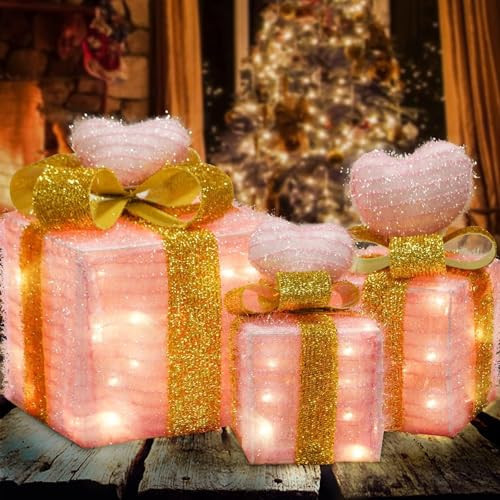 Tngan Pink Lighted Gift Boxes, Christmas Decorations for Indoor Outdoor, Room Decor for Bedroom, 60 LED Light Up Pink Gifts Battery Operated for Christmas Wedding, Set of 3 | Amazon (US)