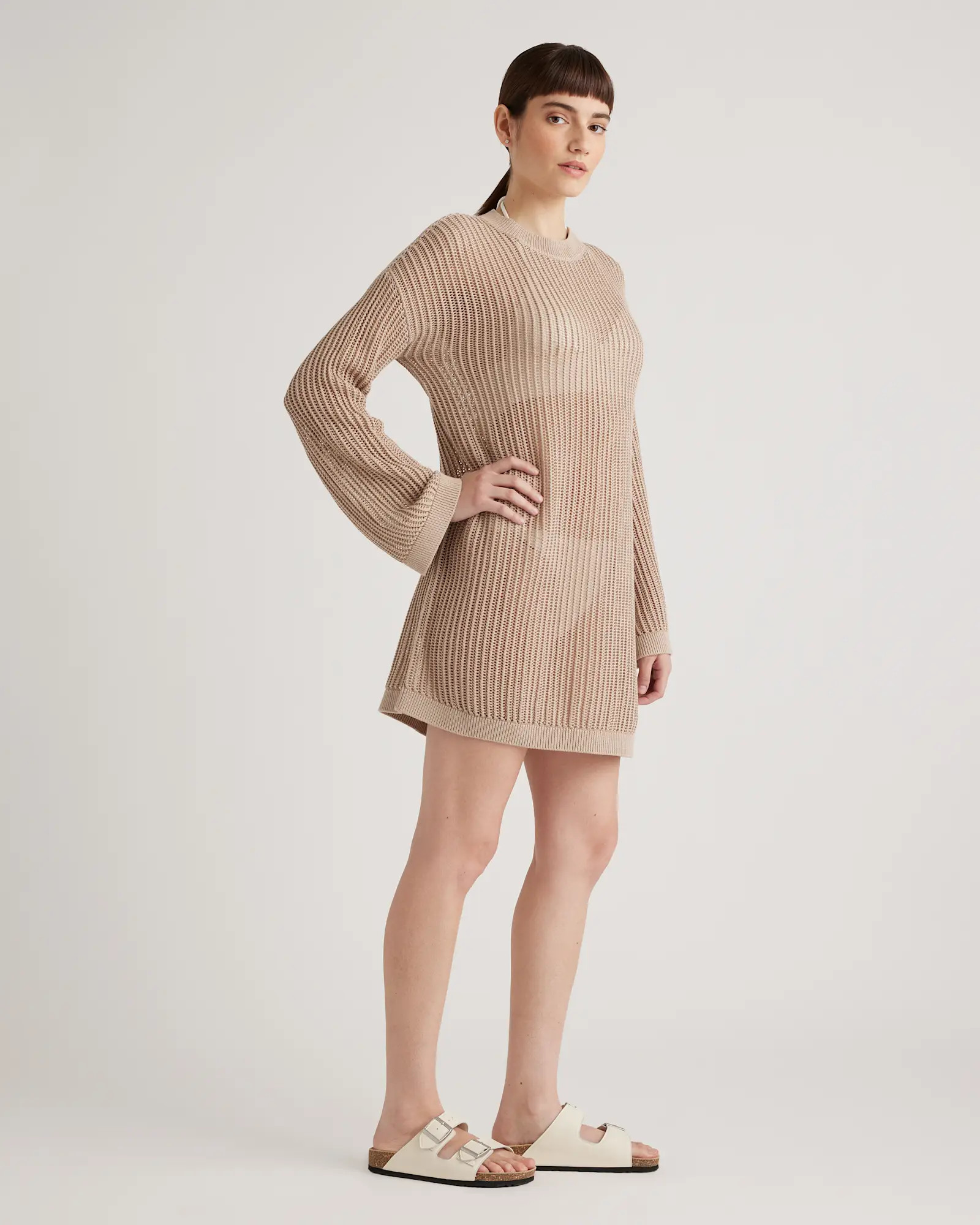 100% Organic Cotton Open-Knit Long Sleeve Cover-Up Mini Dress in Beige | Quince