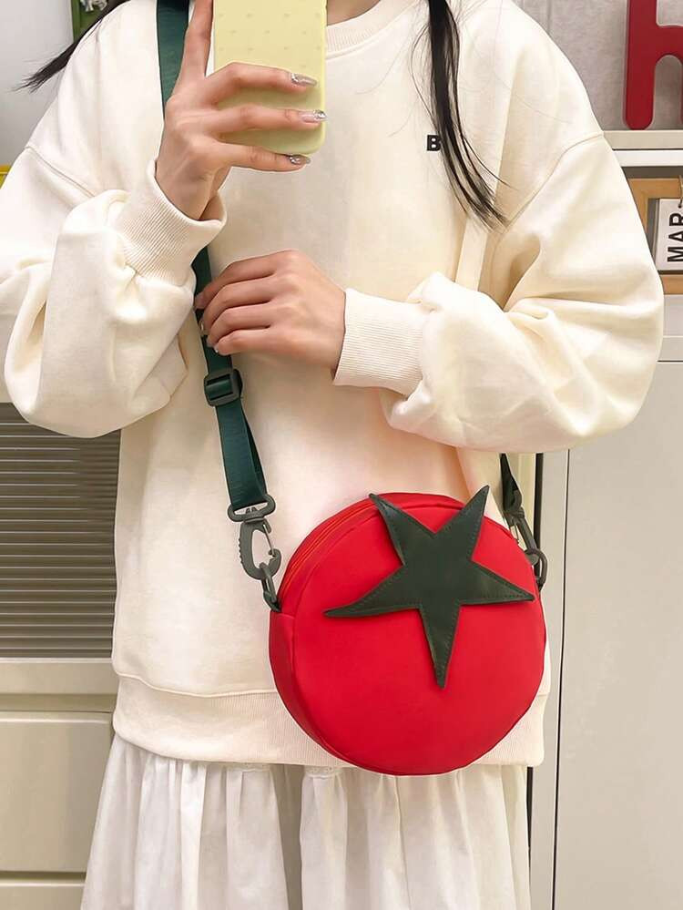 1 Round Mini Nylon Tomato-Shaped Shoulder Bag With Zipper, Fashionable And Versatile, Suitable For Women's Daily Commuting And Casual Wear. | SHEIN