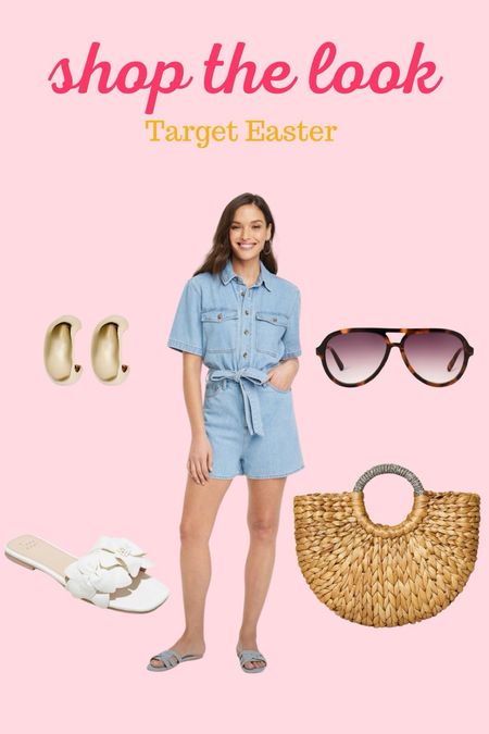 Here is a cute outfit for Easter weekend! Love a cute denim romper! 🫶 Target sunglasses, bag, earrings and slides to pull it all together  

#LTKover40 #LTKsalealert #LTKmidsize