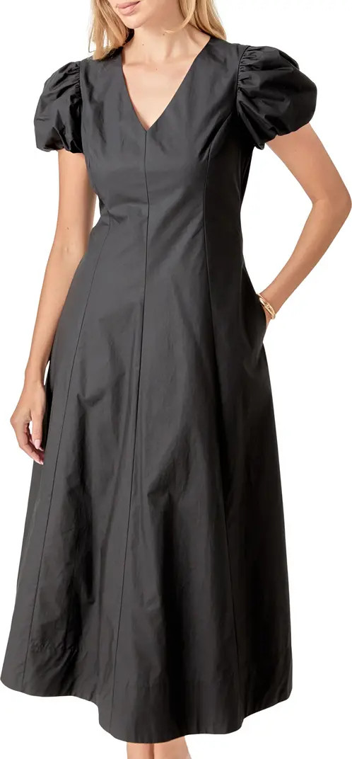 Puff Sleeve Fit & Flare Cotton Midi Dress | Nordstrom