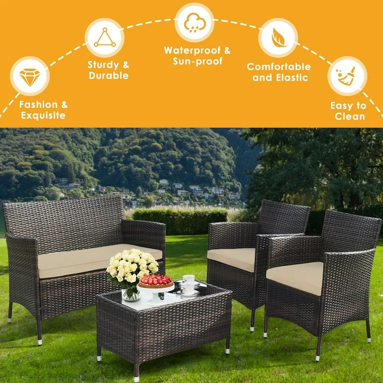 Gymax 4PCS Patio Rattan Outdoor Furniture Set w/ Cushioned Chair Loveseat Table | Walmart (US)