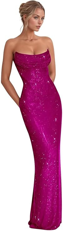 Monlity Sequin Prom Dresses Strapless Bodycon Evening Gowns Maxi Formal Party Dress | Amazon (US)