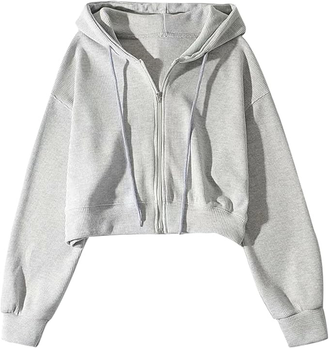 Yimoon Womens Waffle Knit Cropped Zip Up Hoodie Vintage Sweatshirt Casual Long Sleeve Hooded Swea... | Amazon (US)