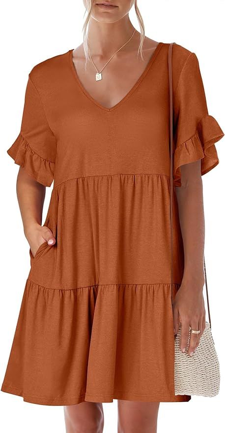 ANRABESS Women's 2024 Summer V Neck Ruffle Short Sleeve A Line Tiered Flowy Casual Mini Beach Dre... | Amazon (US)