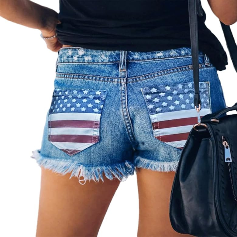 QJBMEI Women's Ripped American Flag Printed Denim Shorts High Waisted Frayed Raw Hem Casual Jeans Sh | Amazon (US)