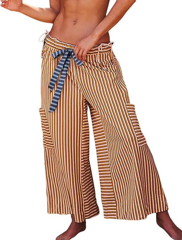 Bankeng Women Drawstring Striped Pants Loose Wide Leg Lounge Pants Casual Palazzo Pants Trousers ... | Amazon (US)