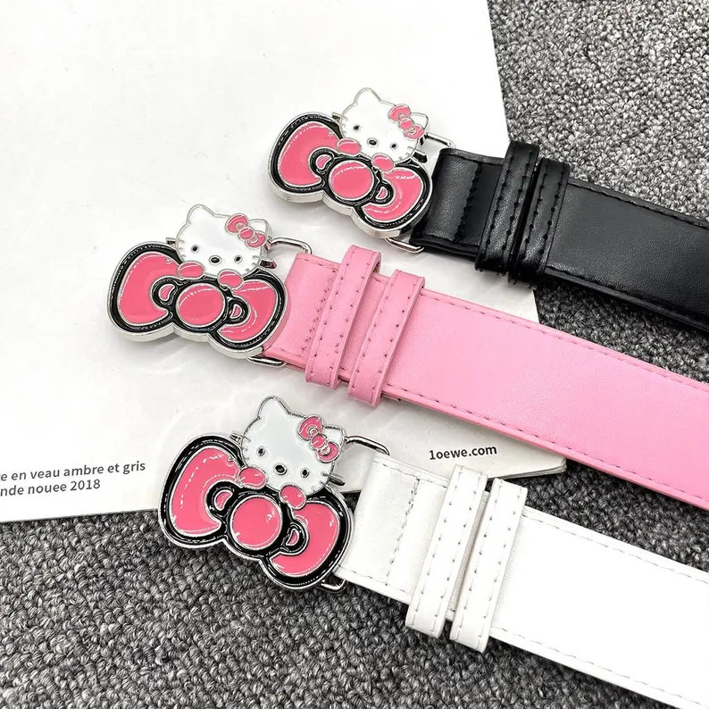 Y2K Vintage Black Pink White Silver Buckle Quality Leather Belt Chrome Hello Kitty Goth Accessori... | Etsy (US)
