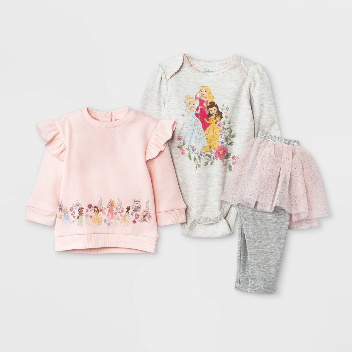 Baby Girls' 3pc Disney Princess Fleece Pullover and Tutu Leggings Set - Light Pink | Target