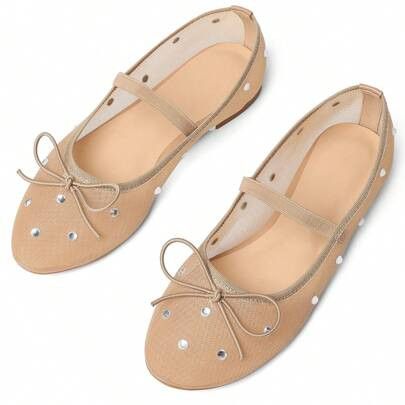 Rhinestone Mesh Ballet Shoes Crystal Embellished Flat Bow Shoes For Women Mary Janes Round Toe Dress Walking Shoes | SHEIN