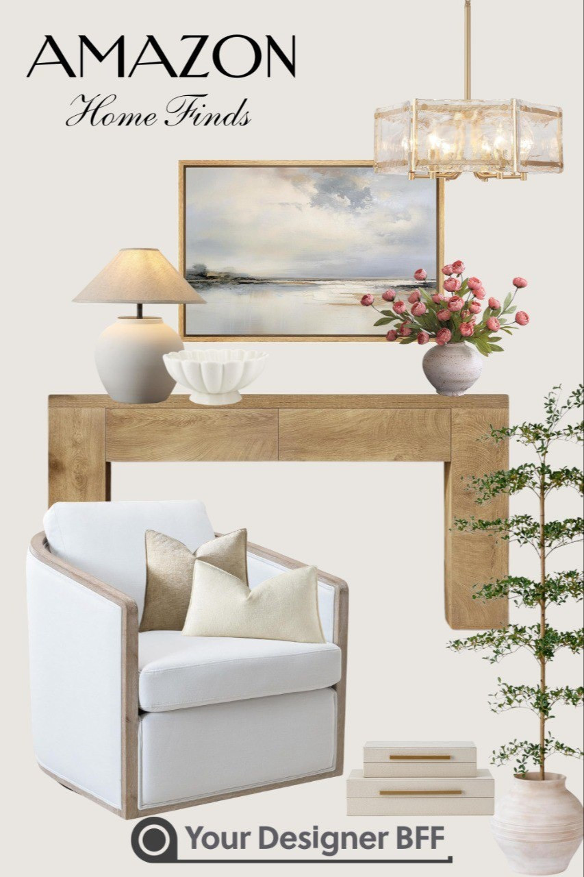 Amazon home finds that look high-end without the high-end price ✨This warm neutral space features a beautiful wood console table styled with a modern ceramic lamp, coastal landscape wall art, soft accent pillows, and a statement chandelier. I layered natural textures, brass accents, and soft creams to create a calm, elevated look that works perfectly for an entryway, living room, or hallway moment.These are timeless pieces that mix modern organic style with classic neutrals — effortless, cozy, and designer-inspired.#homedecorfinds #amazon

#LTKHome #LTKSeasonal