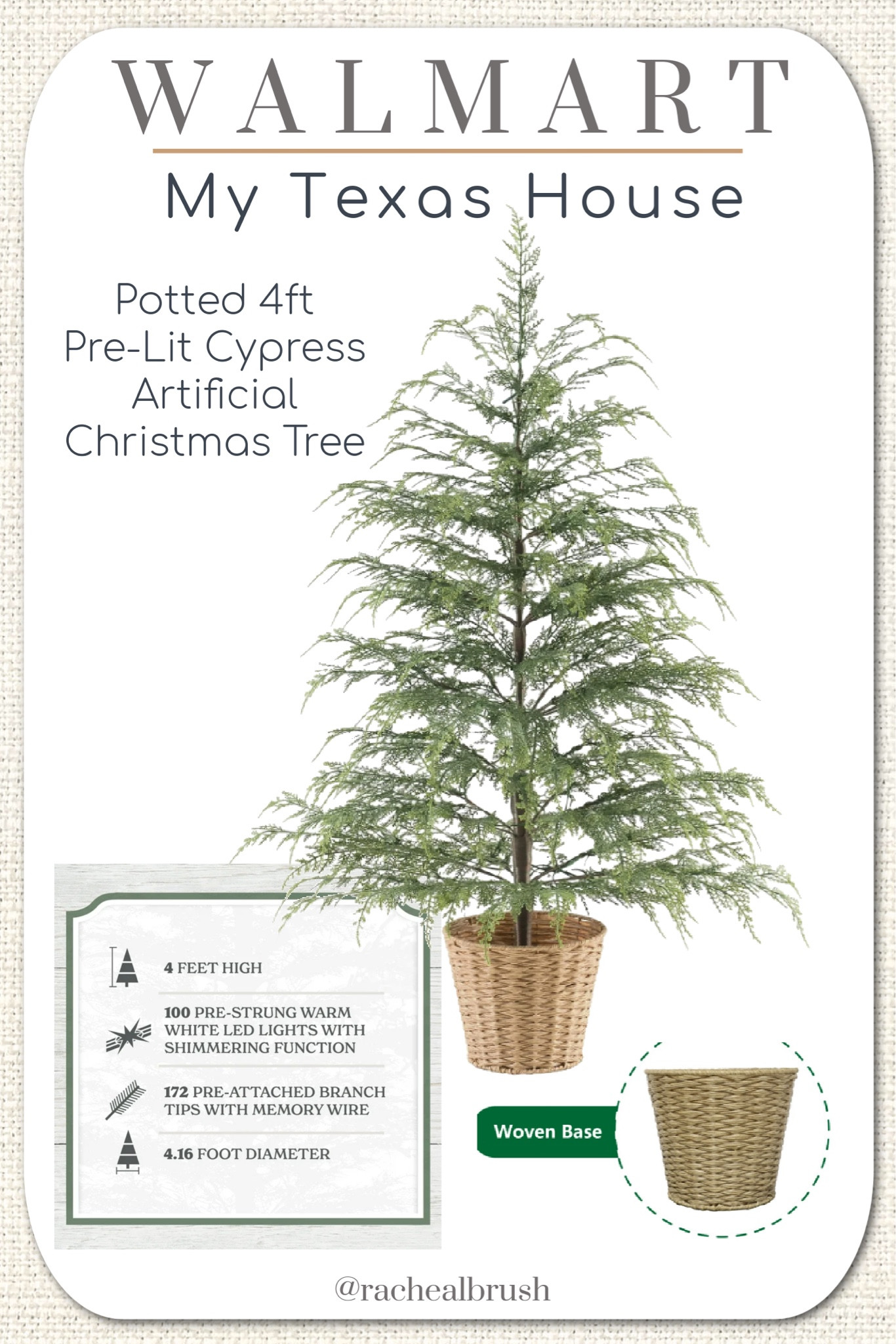 This 4’ tree is viral for good reason! The branches are real feel, lifelike and are pre-lit. There are also 7’ and 9’ options too! 

4ft. pre-lit cypress artificial Christmas tree. Woven basket included! 
My Texas House

Twinkle LED tree, artificial tree, Christmas tree, topiary, prelit tree, lifelike Christmas tree, My Texas House Christmas, viral tree

#LTKFindsUnder100 #LTKHome #LTKSeasonal