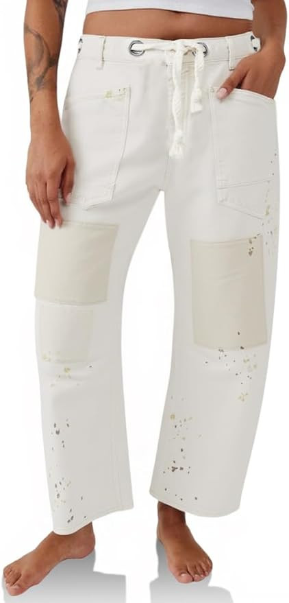 PLNOTME Womens Baggy Barrel Horseshoe Jeans Wide Leg Patchwork Low Rise Denim Pants with Pockets | Amazon (US)