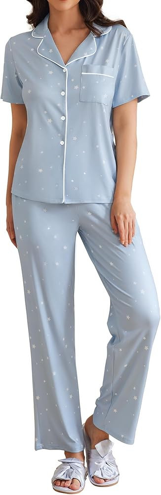 Ekouaer Womens Pajamas Set Plaid PJs Soft Button Down Sleepwear Short Sleeve Nightwear with Long ... | Amazon (US)