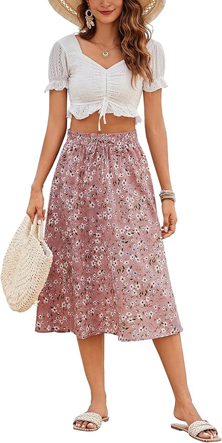 Bluetime Women Floral Print Midi Skirt Summer Beach Pleated Elastic High Waisted A Line Skirt | Amazon (US)