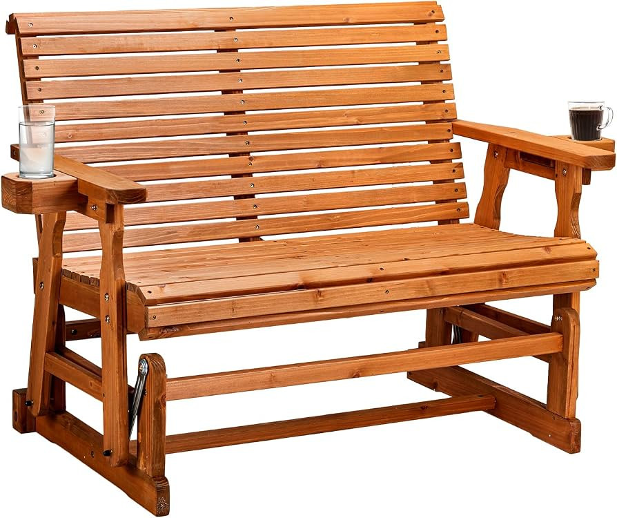 VINGLI Outdoor Glider Wood Patio Chair with Cup Holders, Outdoor Bench Glider Loveseat with Smoot... | Amazon (US)