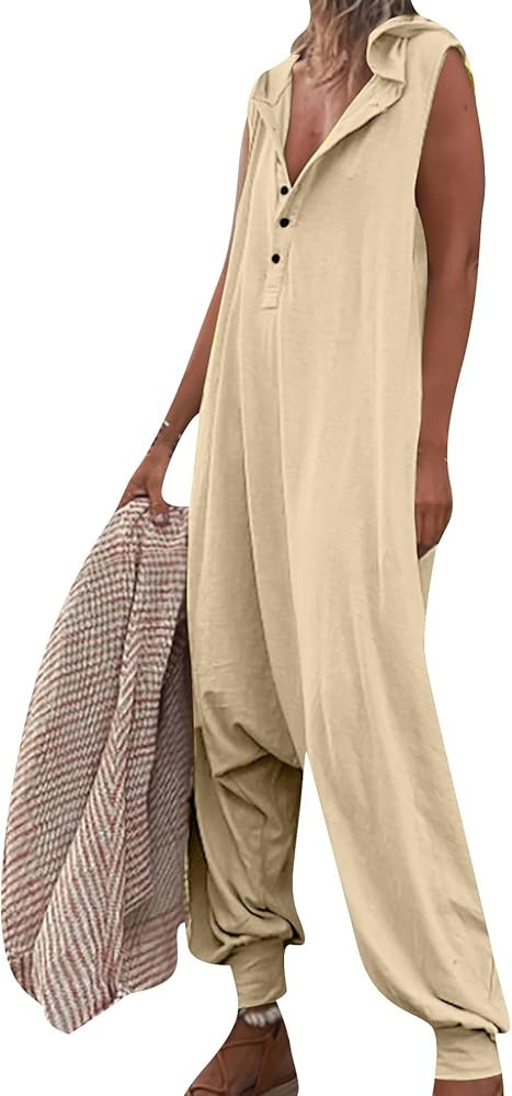 GRASWE Womens Button Jumpsuit Hooded Sleeveless Jumpsuit Outfit Rompers Overalls with Pockets | Amazon (US)