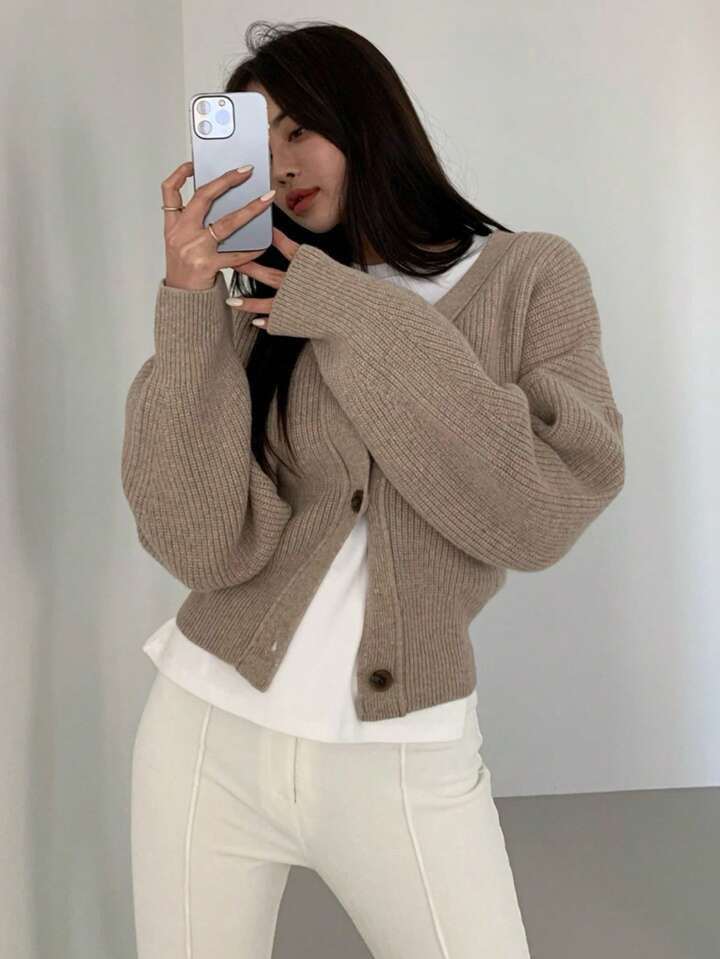 DAZY Oversized Knopfverschluss Strickjacke mit Dropped Shoulder, Langarm Oberteile | SHEIN