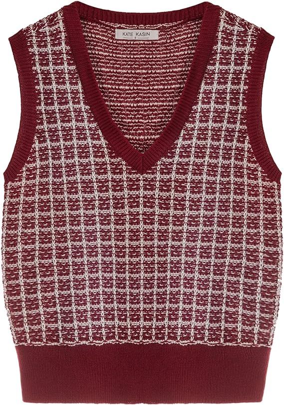 Kate Kasin Women's Sweater Vest V Neck Plaid Sleeveless Knit Pullover Tops | Amazon (US)