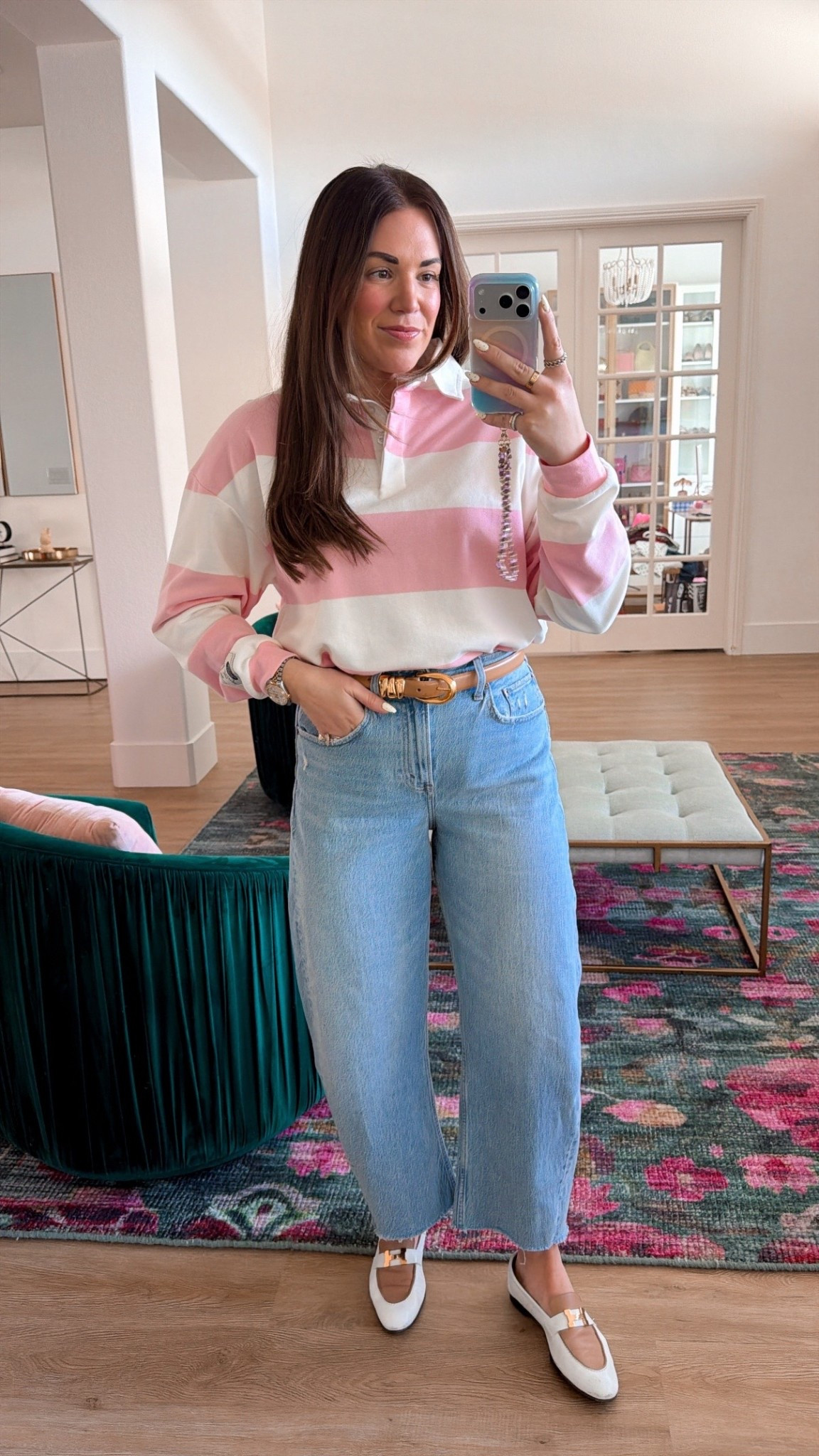curvy midsize casual spring look! wore this to play mahjong with friends. wearing size medium in pink striped rugby top, size 29 in barrel denim, and my loafers are hermes  

#LTKdayinmylife #LTKSeasonal #LTKMidsize