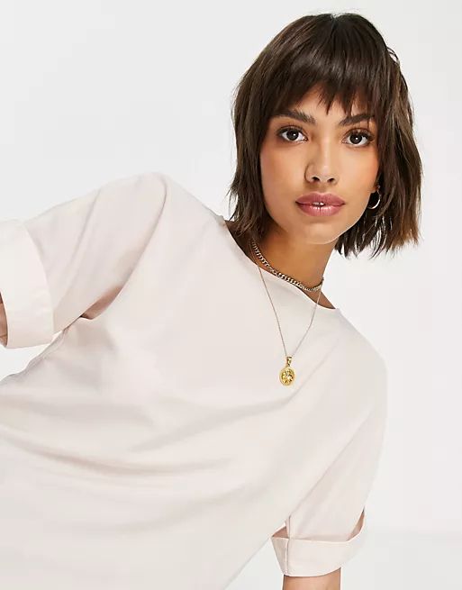 ASOS DESIGN oversized woven tee with roll sleeve in oyster | ASOS (Global)