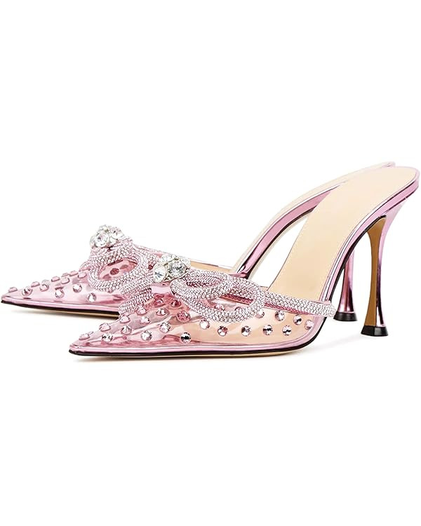 MIRAAZZURRA Women High Heeled Mules Clear PVC Pointed Toe Double Bow Rhinestones Embellished Wedd... | Amazon (US)