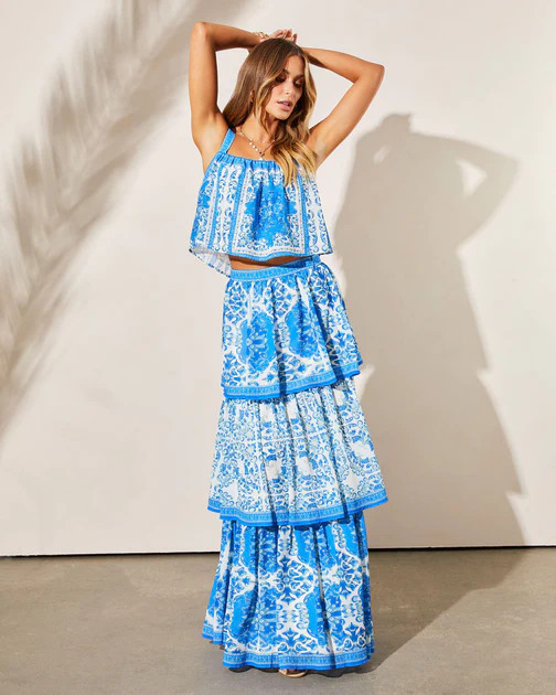 Canberra Maxi Skirt Set - Ivory/Blue | VICI