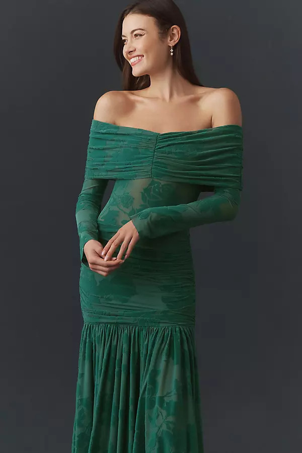 Emmeline Flocked Off-Shoulder Maxi Dress | Anthropologie (US)