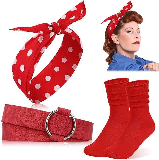 Boyiee Halloween Costume Red Polka Dot Bandana with Red Belt Socks Set Red White Polka Dot Headba... | Amazon (US)