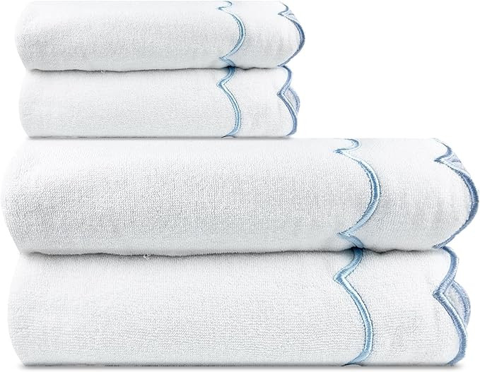 4 Pcs Scalloped Set 2 Bath Towel 2 Hand Towel Cute Embroidered Decorative Towels 100% Cotton Blue... | Amazon (US)