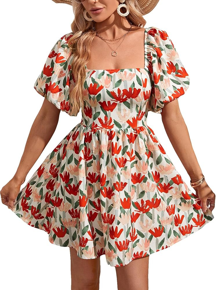 Verdusa Women's Short Puff Sleeve Square Neck Dress Boho Allover Floral Print Mini Dress | Amazon (US)