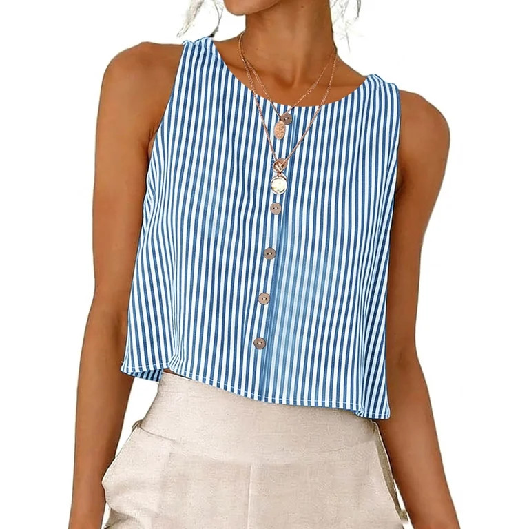 Babysbule Women's Striped Sleeveless Tank Top Round Neck Cropped Casual Summer Blouse for Daily W... | Walmart (US)