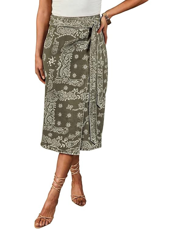 CHARTOU Women Western Wrap Denim Skirt Floral Print High Waist Tie Side Slit Midi Jean Pencil Ski... | Amazon (US)