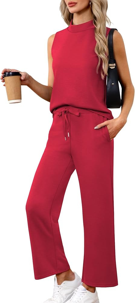 Casly Lamiit Women's Summer 2 Piece Outfits Mock Neck Tank Top Cropped Wide Leg Pants Lounge Sets... | Amazon (US)