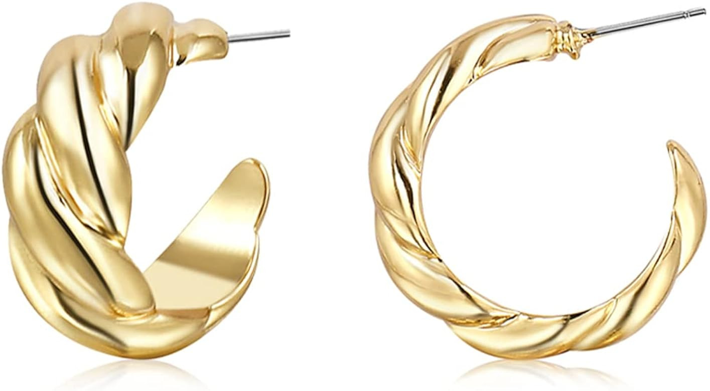 Small Thick Gold Chunky Hoop Earrings Lightweight Hoops For Women | Amazon (US)