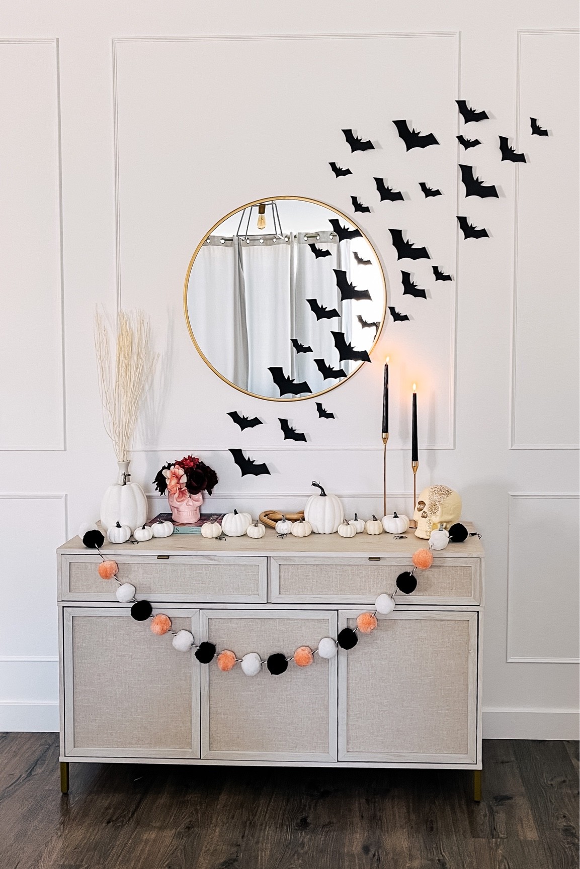 Pink, white, and black Halloween buffet sideboard decorations! 

#LTKHoliday #LTKHalloween #LTKSeasonal